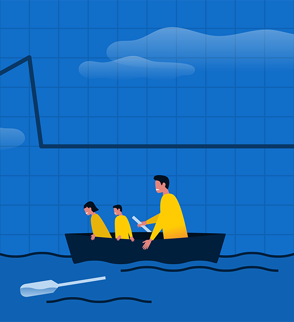 The parent and children in a row boat on the water. They have lost one of their oars and are unable to reach it as it floats away. they are stranded.
